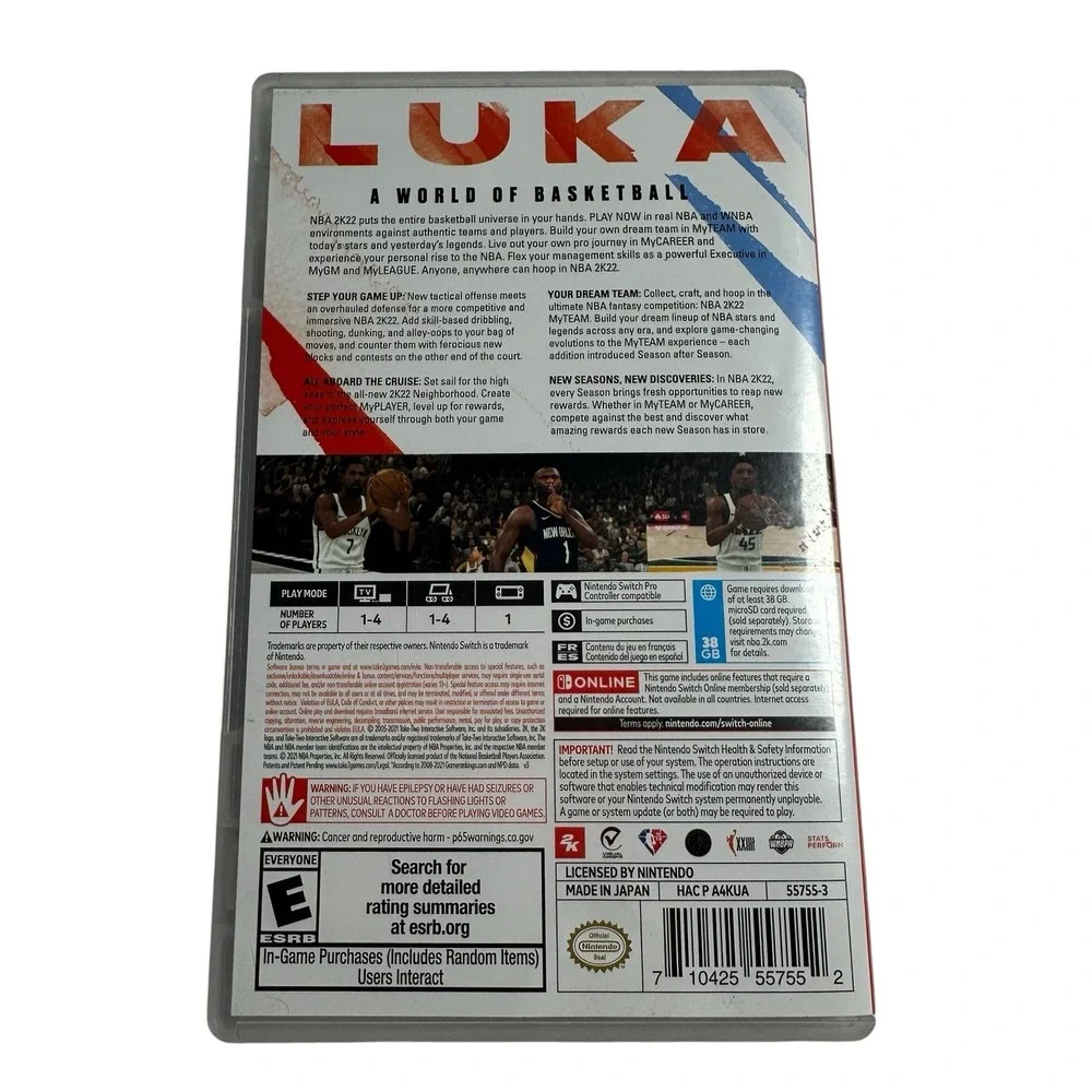 NBA 2K22 Nintendo‎ Switch Game w/ Case & Cartridge Luka Doncic Cover Basketball